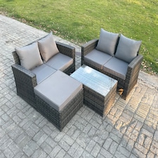 Fimous Wicker Rattan Garden Furniture Sofa Set with Rectangular Coffee Table Double Seat Sofa Big Footstool 5 Seater Outdoor Rattan Set Dark Grey Mixed