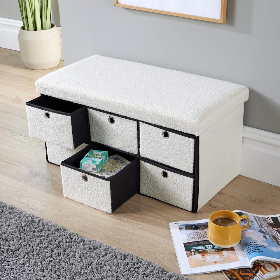 image 1 of Folding Ottoman Storage Bench 6 Drawer Compact Space-Saving Furniture | Cream