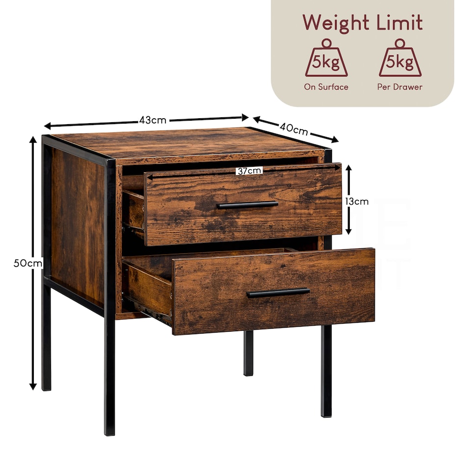 image 1 of Vida Designs Brooklyn 2 Drawer Bedside Cabinet Industrial Cabinet Table Nightstand, Dark Wood
