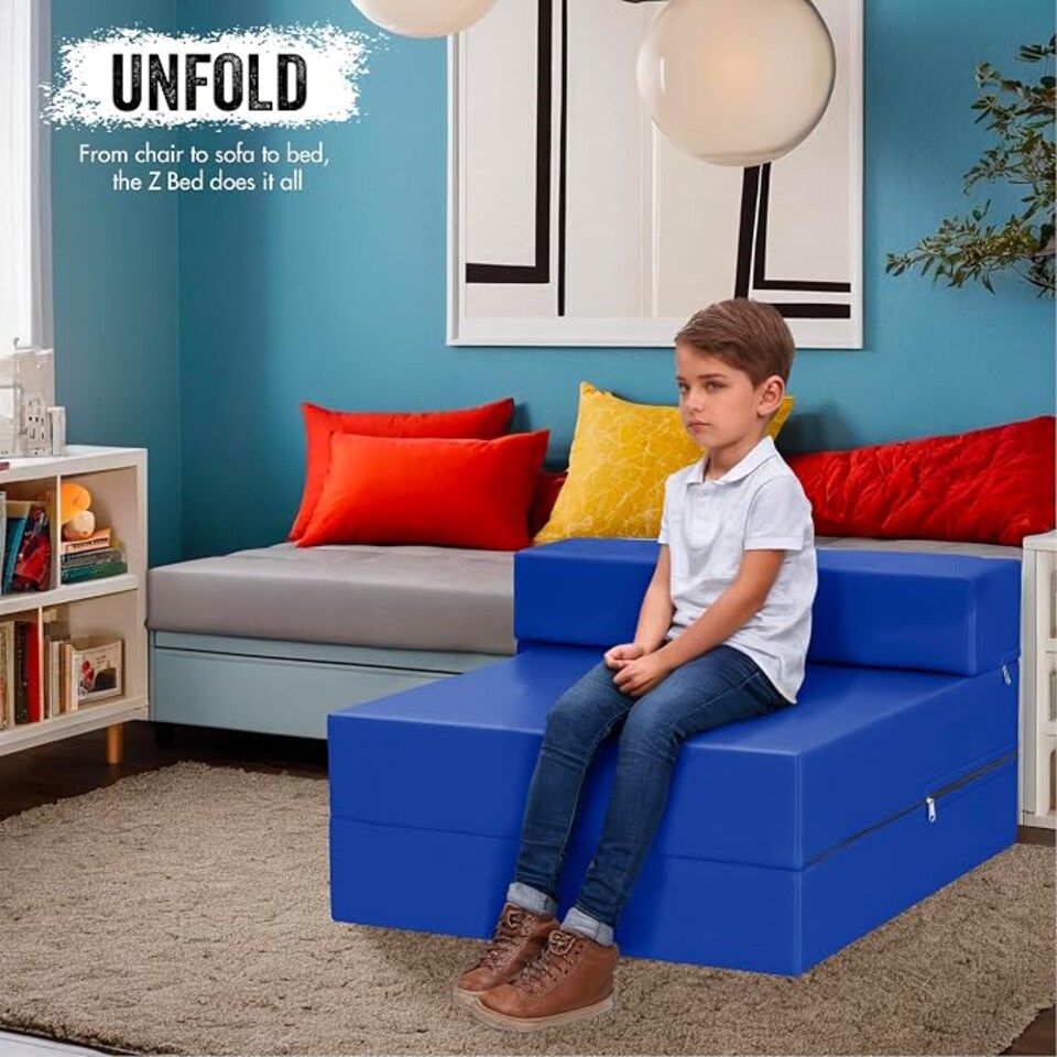 image 1 of Fold Out Single Z Bed Futon Sofa Chair Mattress Dark Blue