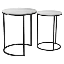 2Pc Round Nesting Stackable Sofa Side Bedside End Table Set Wood Top Metal Legs | Multi | White Ash Top with Black Legs