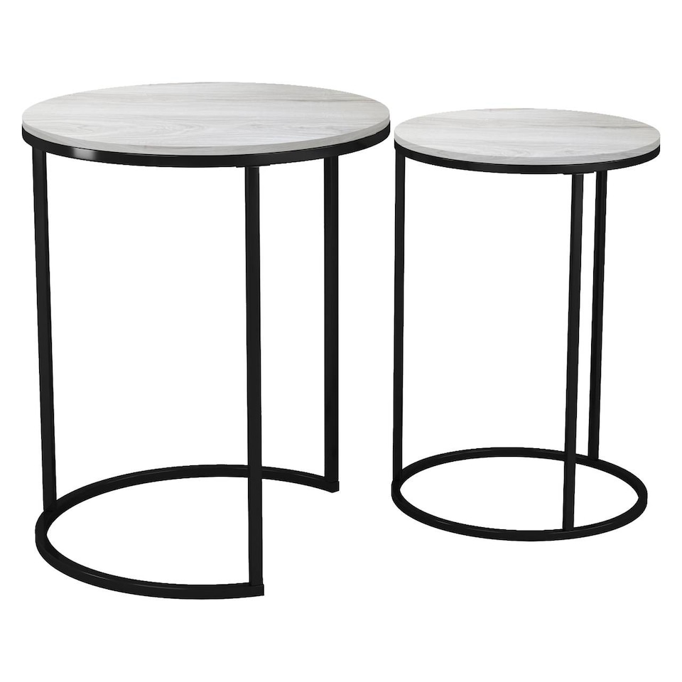 image 1 of 2Pc Round Nesting Stackable Sofa Side Bedside End Table Set Wood Top Metal Legs | Multi | White Ash Top with Black Legs