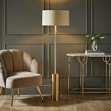 ValueLights Lexy Antique Brass Rotary Dimmer Switch Floor Lamp with Beige/Gold Shade Cream