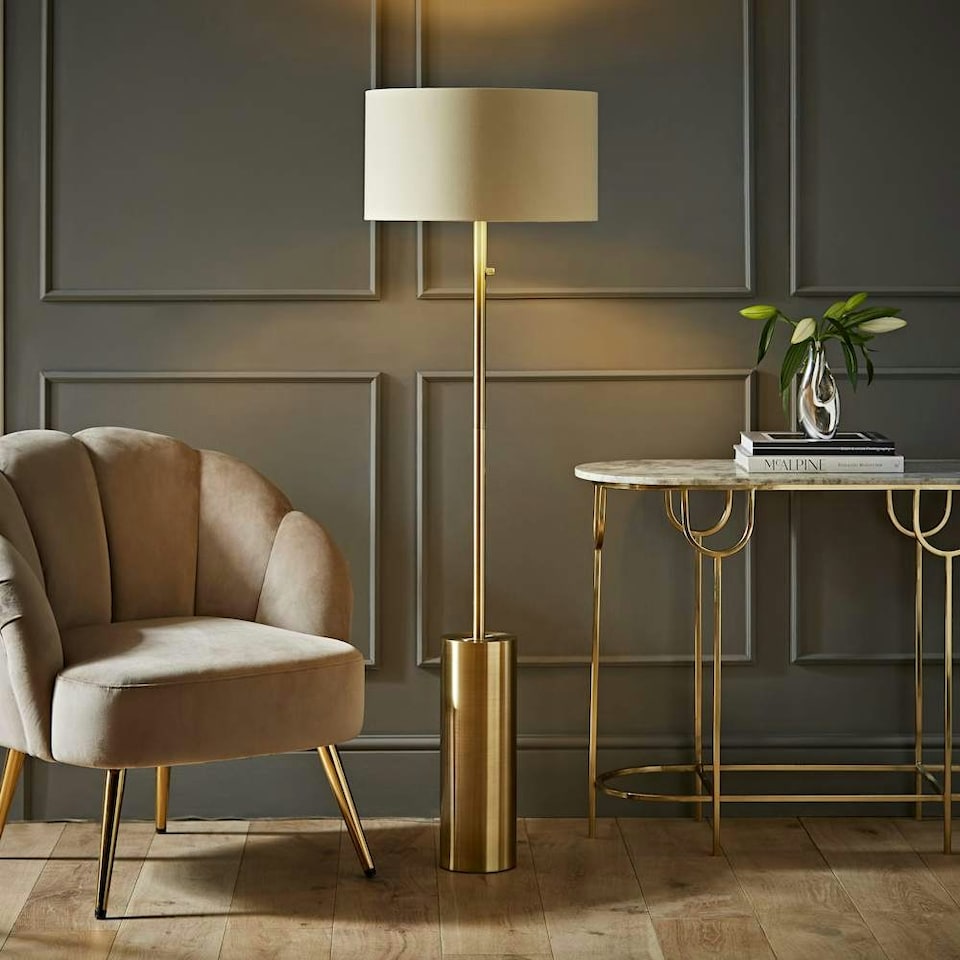 image 1 of ValueLights Lexy Antique Brass Rotary Dimmer Switch Floor Lamp with Beige/Gold Shade Cream