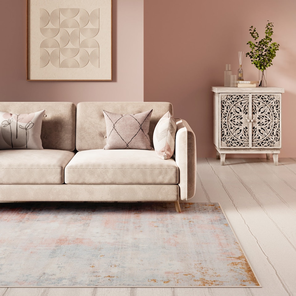 image 1 of KUKOON Beige Pastel Pink Distressed Abstract Washable Living Room Area Rug 120cm x 170cm