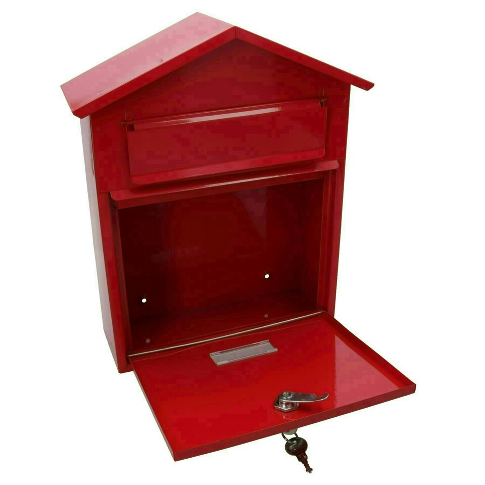 image 1 of Letter Post Mail Box Metal Red Wall Door Gate Fence Garden House Lockable Red