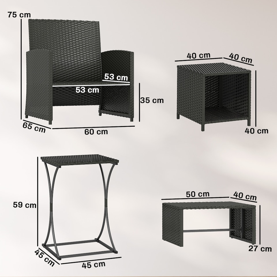 image 1 of Outsunny 6 Piece Rattan Garden Furniture Set with Nesting Tables, Black | Black | Black with cream white cushions | Not provided