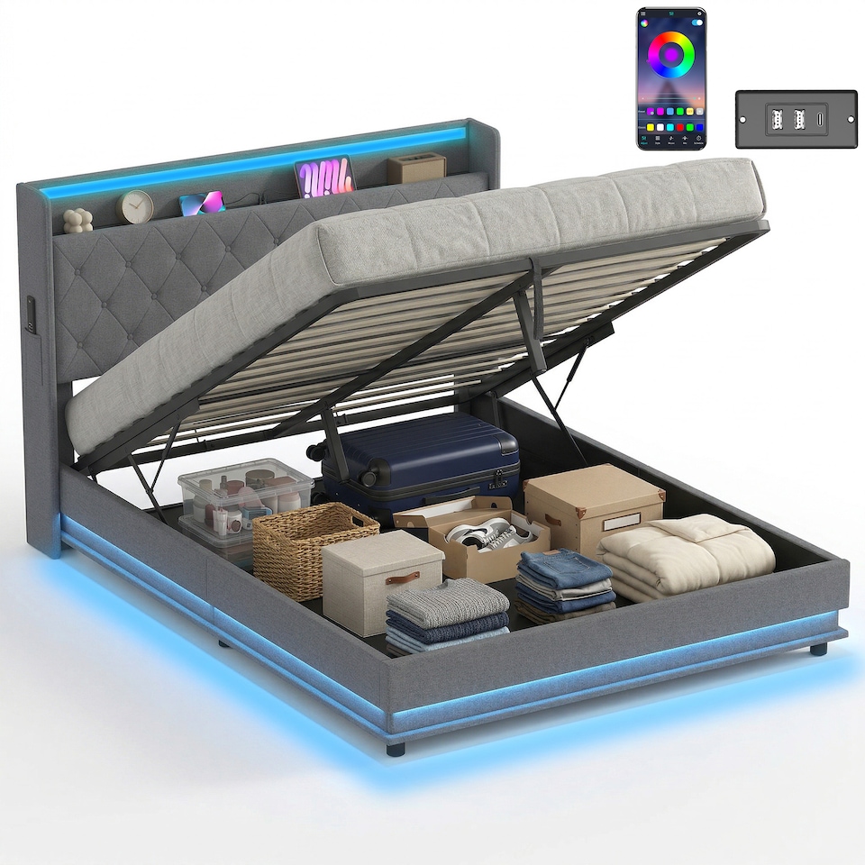 image 1 of HOMCOM Lift up Storage Bed Frame with RGB LED Lights, 150 x 200cm, Dark Grey