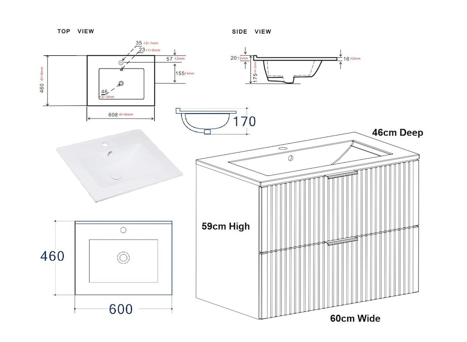 image 1 of Bathroom Vanity Unit with Basin 600mm Ribbed Textured Black Wall Hung Floating Cabinet - Adel
