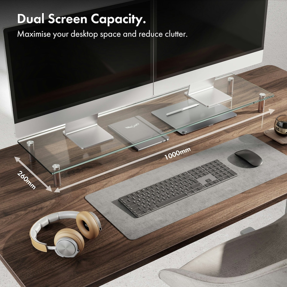 image 1 of VonHaus Height Adjustable Tempered Glass Monitor Stand for Desks