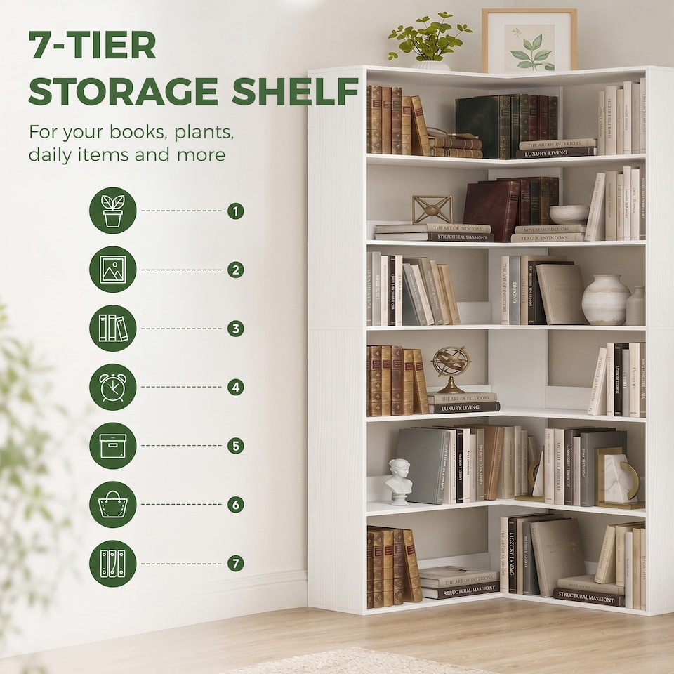 image 1 of HOMCOM 7 Tiers Corner Bookshelf, L-Shaped
