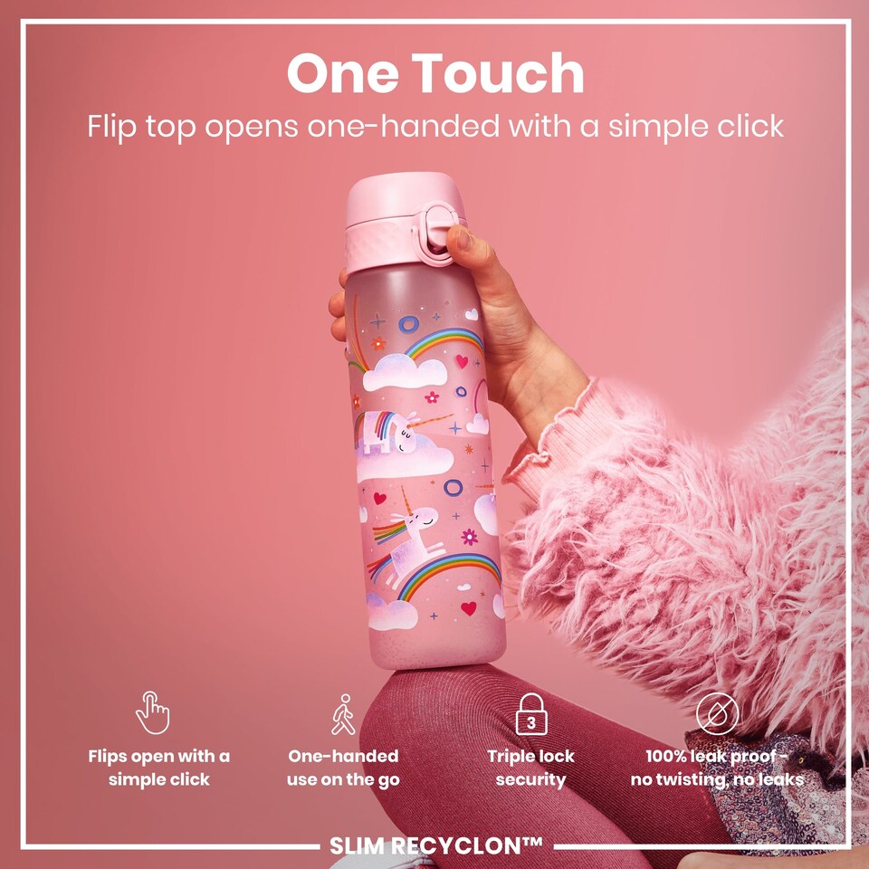 image 1 of Leak Proof Slim Water Bottle, BPA Free, 500ml (18oz) | Pink | Unicorn Rainbows | One Size