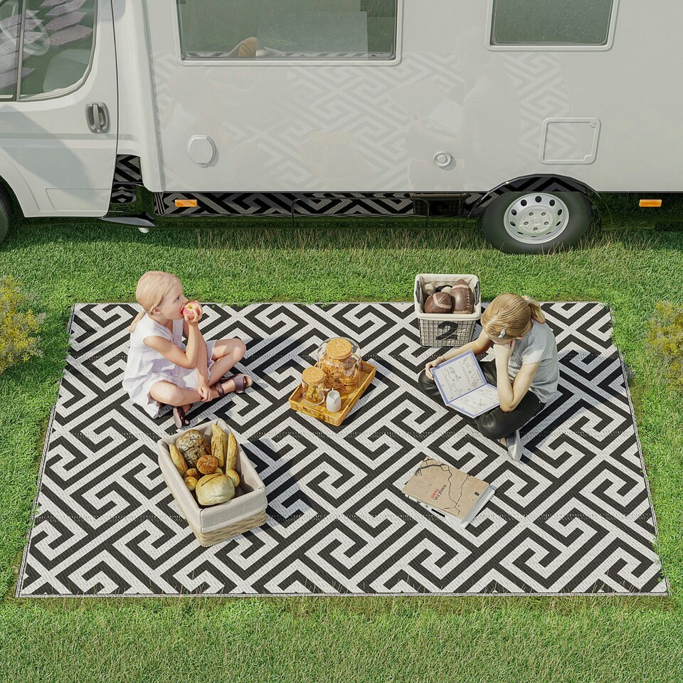 image 1 of Outsunny Reversible Outdoor Rug Plastic Straw RV Camping Mat for Garden Deck Picnic Grey | Light Grey