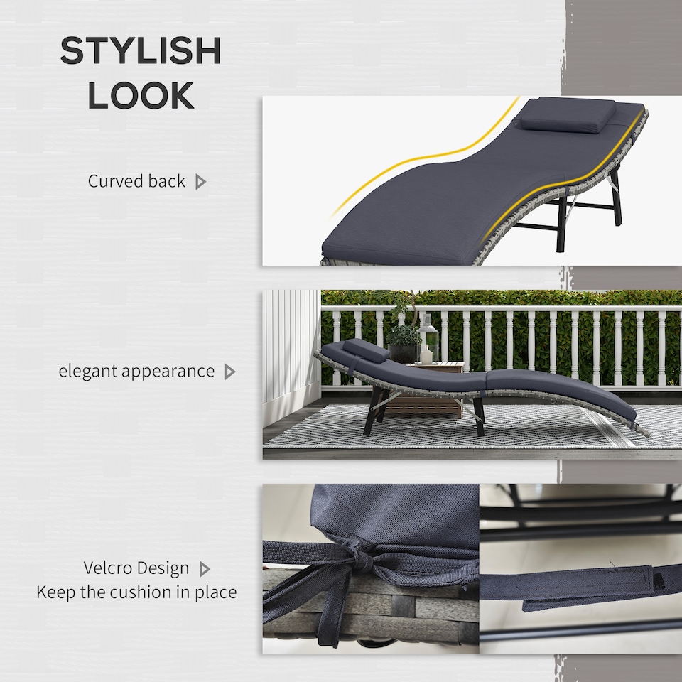 image 1 of Outsunny Folding Rattan Sun Lounger, Wicker Garden Lounger with Cushion and Pillow, Outdoor Sunbed with Steel Frame for Patio, Beach, Terrace, Grey