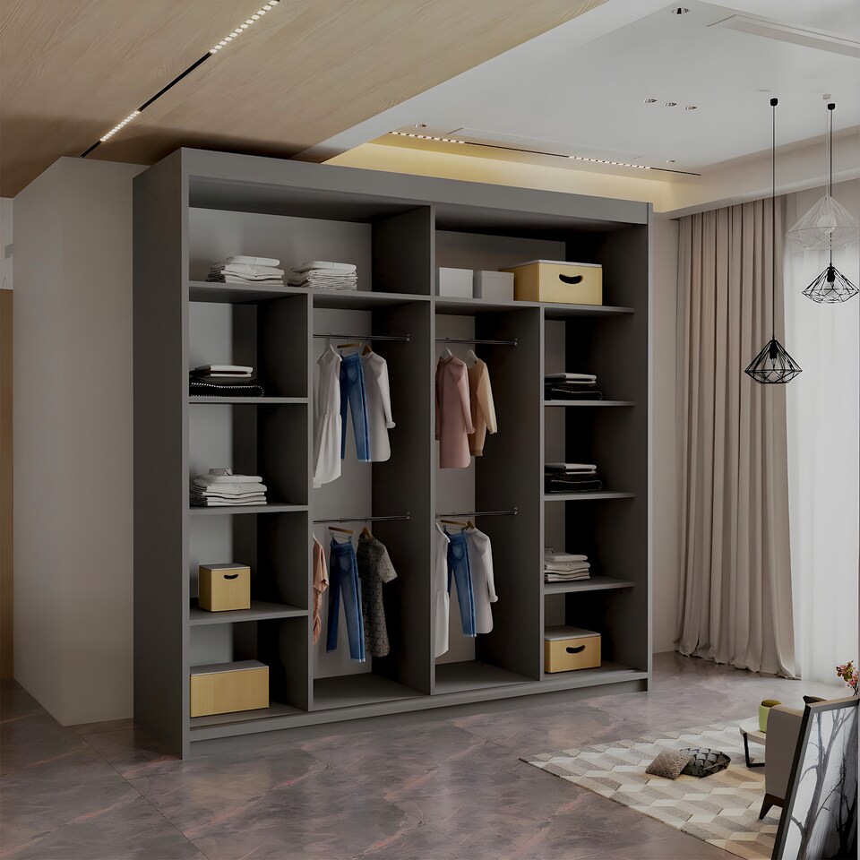 image 1 of Sliding Wardrobes 4U Modern Vertical Panelled Mirror Sliding Wardrobe – 150cm to 250cm, White, Black, Grey, Oak | Grey | Grey 203cm