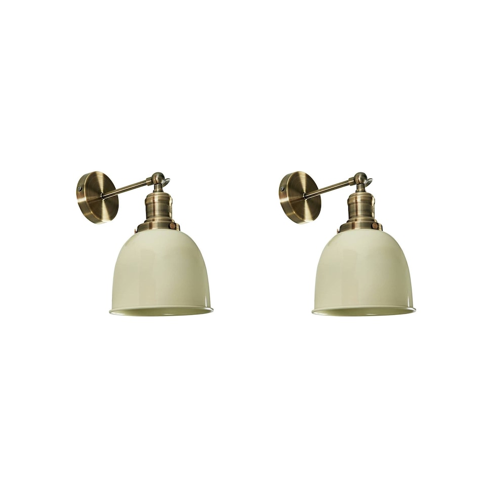 image 1 of ValueLights Wilhelm Pair Antique Brass Knuckle Joint Wall Lights Gloss Cream Shades | Cream