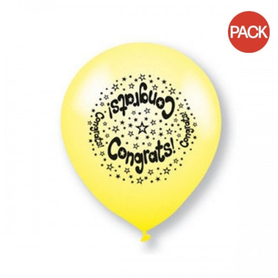 image 1 of Unique Party Latex Assorted Designs Congratulations Balloons (Pack of 10) - Yellow/Black - 9in