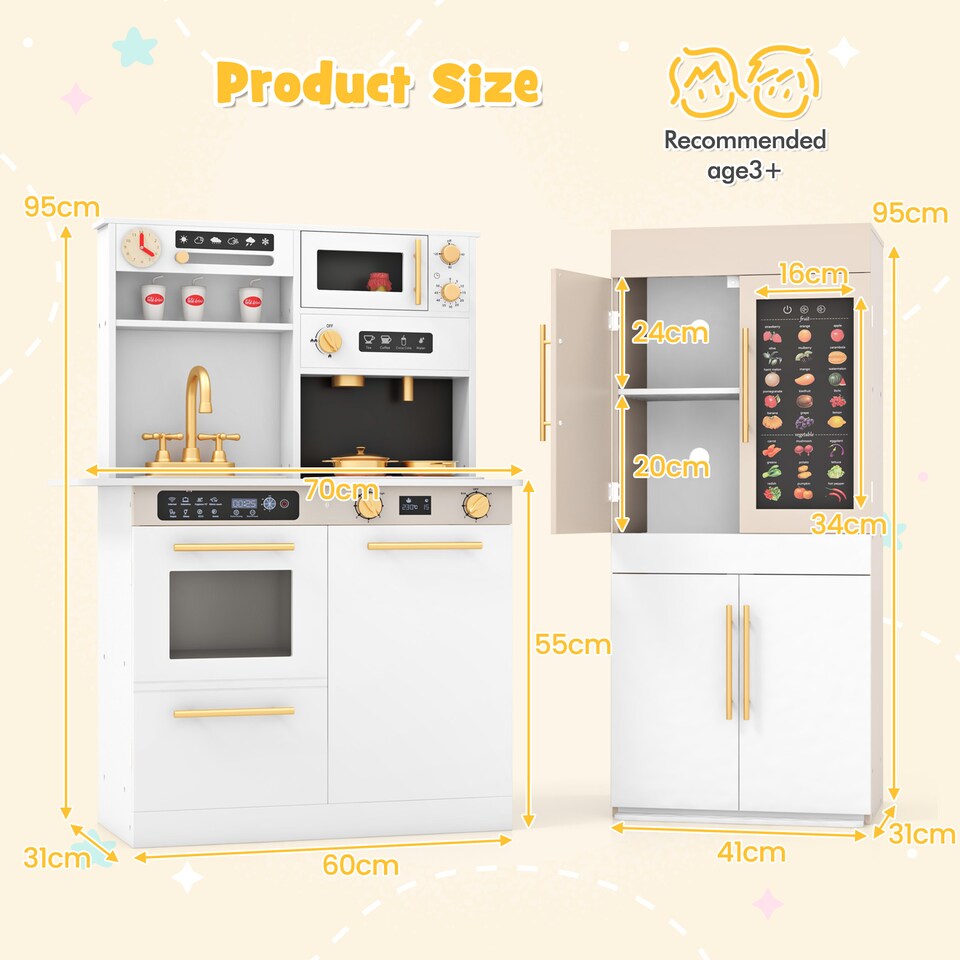 image 1 of COSTWAY Kids Wooden Kitchen 2-Piece Modular Pretend Play Kitchen w/Light-White
