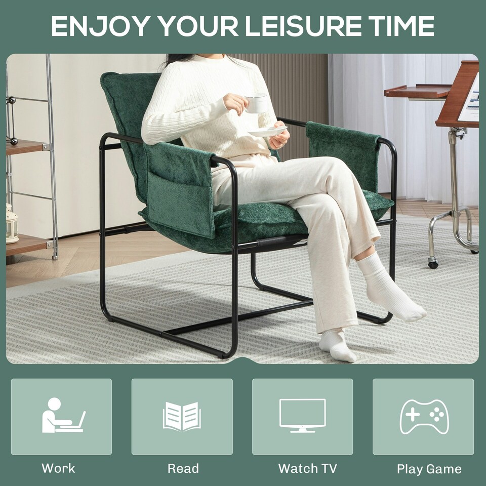 image 1 of HOMCOM Upholstered Reading Chair with Side Pockets and Steel Frame, Green Green
