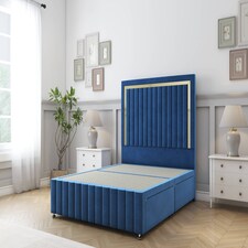Sloomy Boston Gold Navy Plush Divan Bed Base 2 Drawers Right Side With 26 Inch Strutted Headboard & 12 Inch Matching Footboard | Blue | Navy | Double | 1