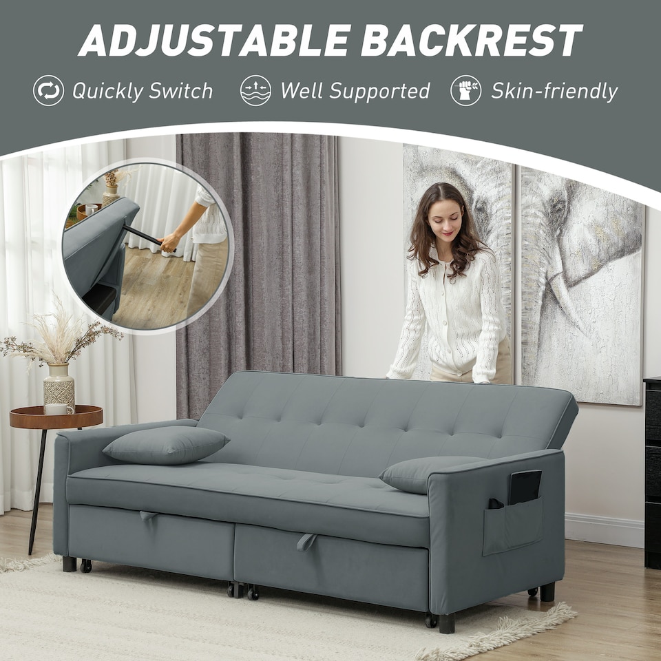 image 1 of HOMCOM Sectional Sofa Bed, L-Shaped 3 Seater Sofa Bed, Reversible Sleeper Sofa with Pull Out Couch Bed, Cushions, Fabric Futon Sofa Bed for Living Room, Grey | Grey | One Size