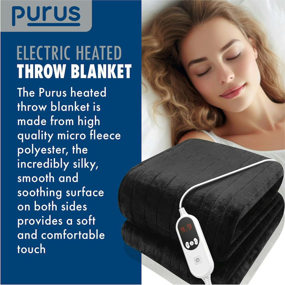 image 1 of Purus Electric Heated Fleece Blanket Throw 160x120cm - Black