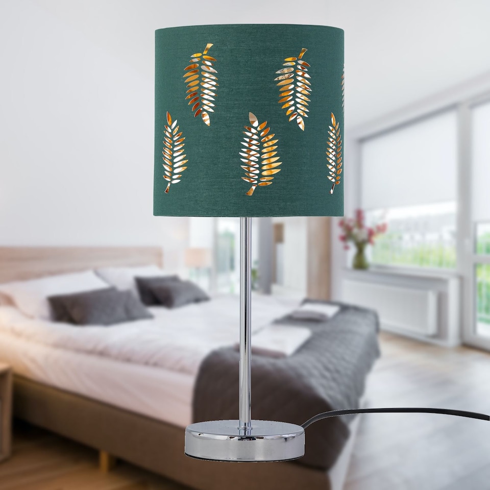 image 1 of Set of 2 Chrome Stick Table Lamps with Dark Green Fern Cut Out Shades | Chrome | Green | Medium | 2