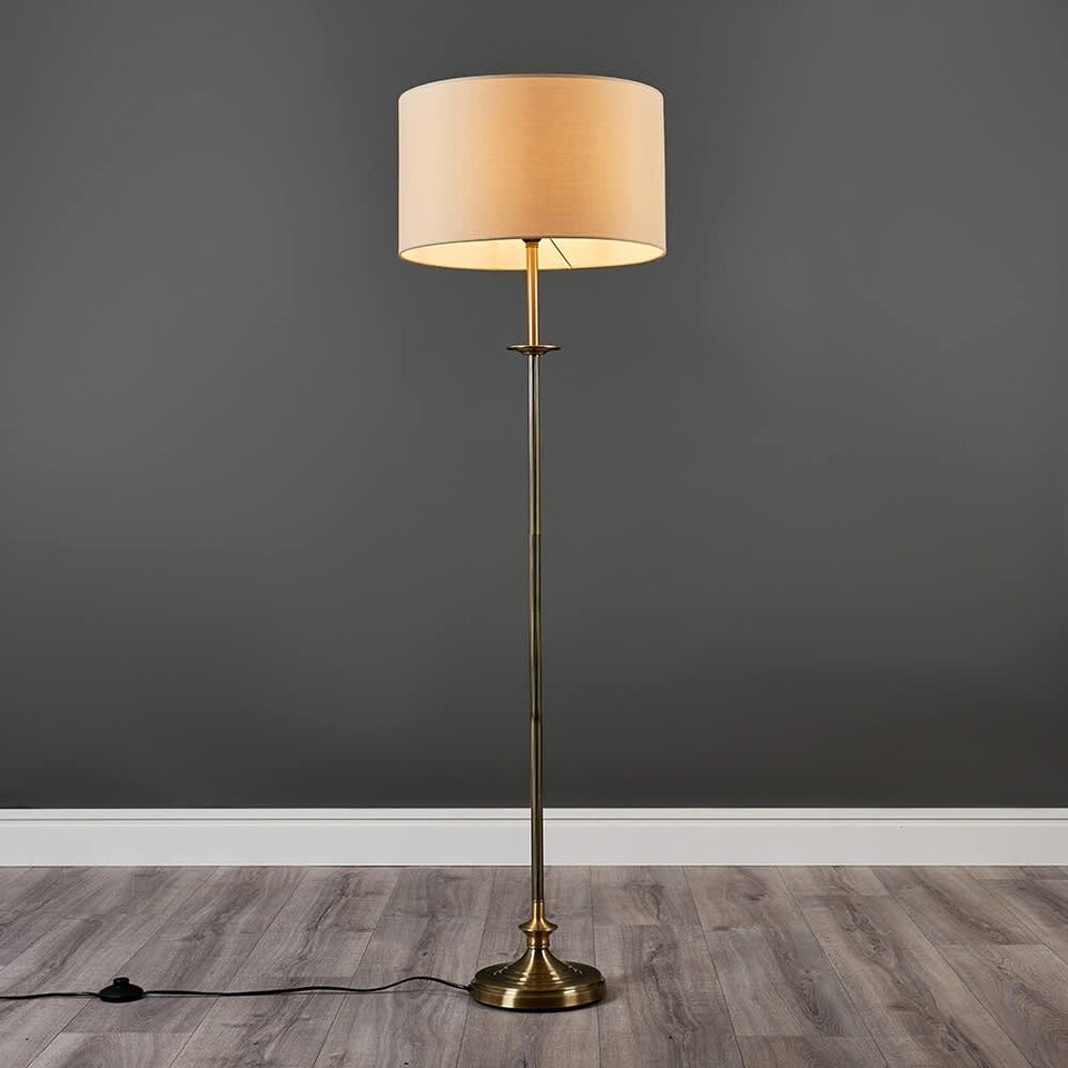 image 1 of ValueLights Traditional Style Antique Brass Sconce Floor Lamp With Beige Shade | Cream
