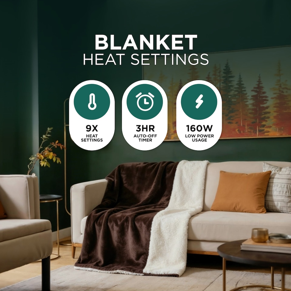image 1 of DMD Heated Electric Throw Blanket, Fleece Sherpa, 9 Heat Settings & Timer, 180 x 200cm