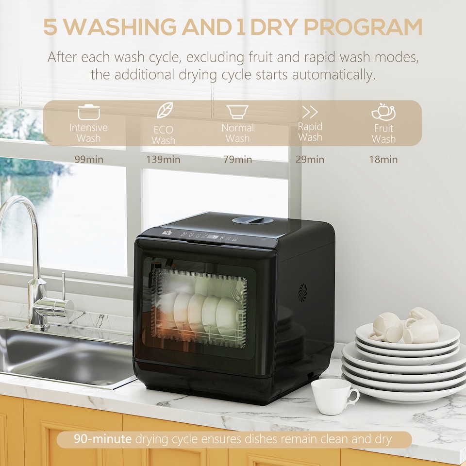 image 1 of HOMCOM Tabletop Dishwasher, Mini Countertop Dishwasher with Built-in 6L Water Tank, 6 Programs, Touch Control, LED Display, 4 Place Settings, Dual Water Supply and Air Drying Function, Black