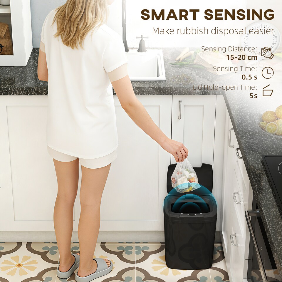 image 1 of HOMCOM 15L Sensor Bin, Automatic Touchless Kitchen Bin with Dual-Mode Opening, Easy Clean, Battery Operated for Home Office, Bedroom, Bathroom, Black | Black | Black