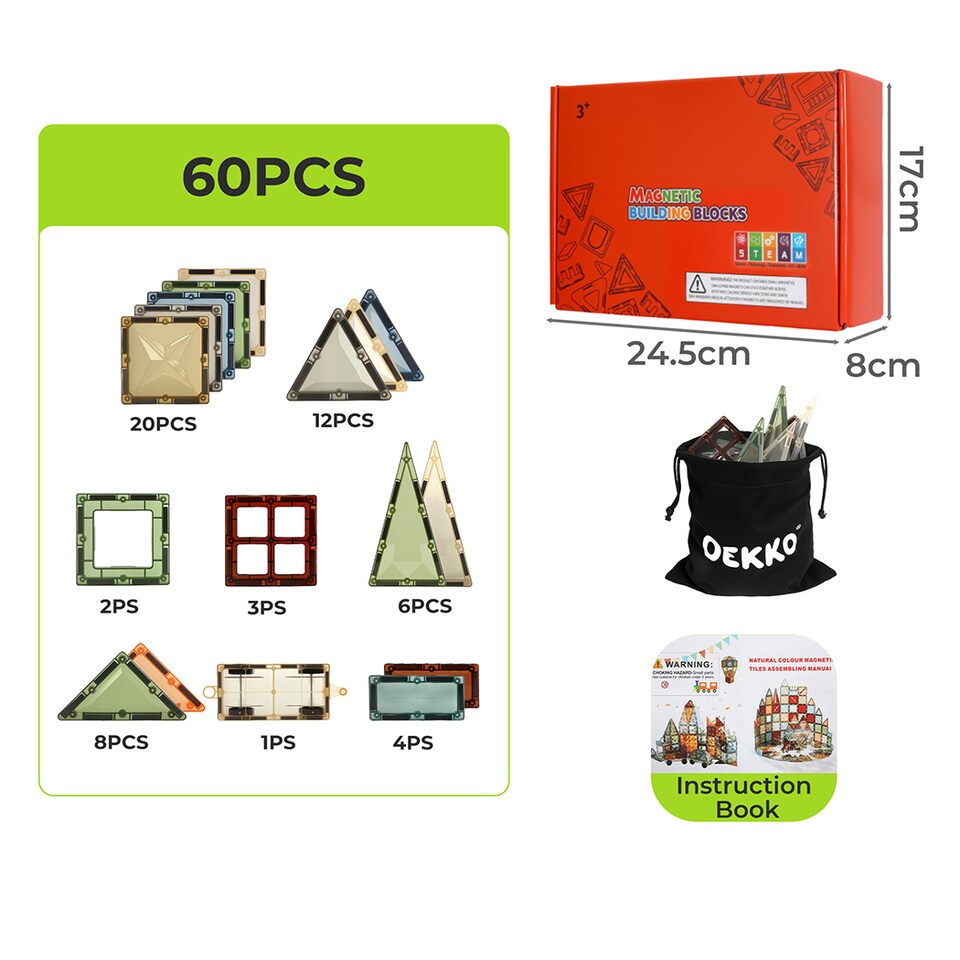 image 1 of Dekko 60pc Magnetic Building Blocks Set STEM Educational Toy for Kids | Multi | Nature