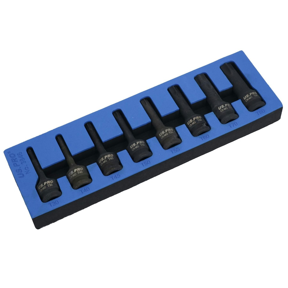 image 1 of 1/2in Drive Impact Impacted Male Torx Star Sockets Deep Sized T30 - T80 8pc