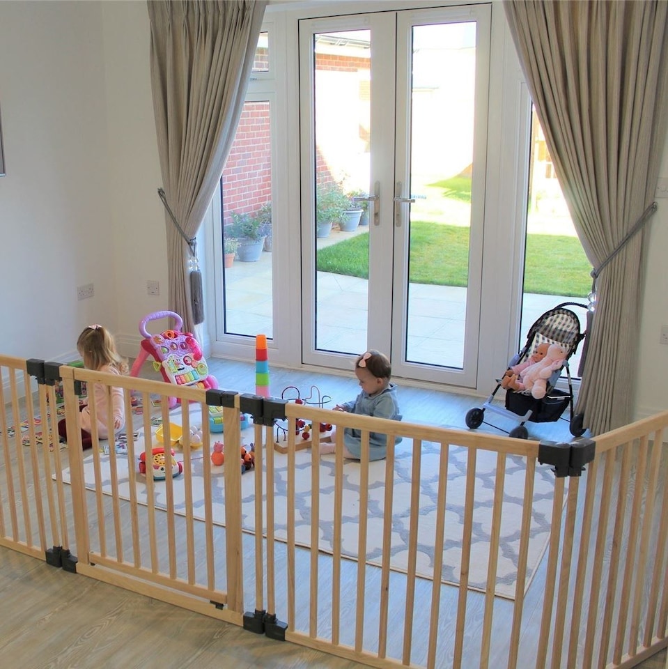 image 1 of Safetots Wooden Multi Panel Room Divider, up to 256cm, Natural Wood, 76cm Tall, Flexible Room Divider for Baby and Toddler | Cream | Natural