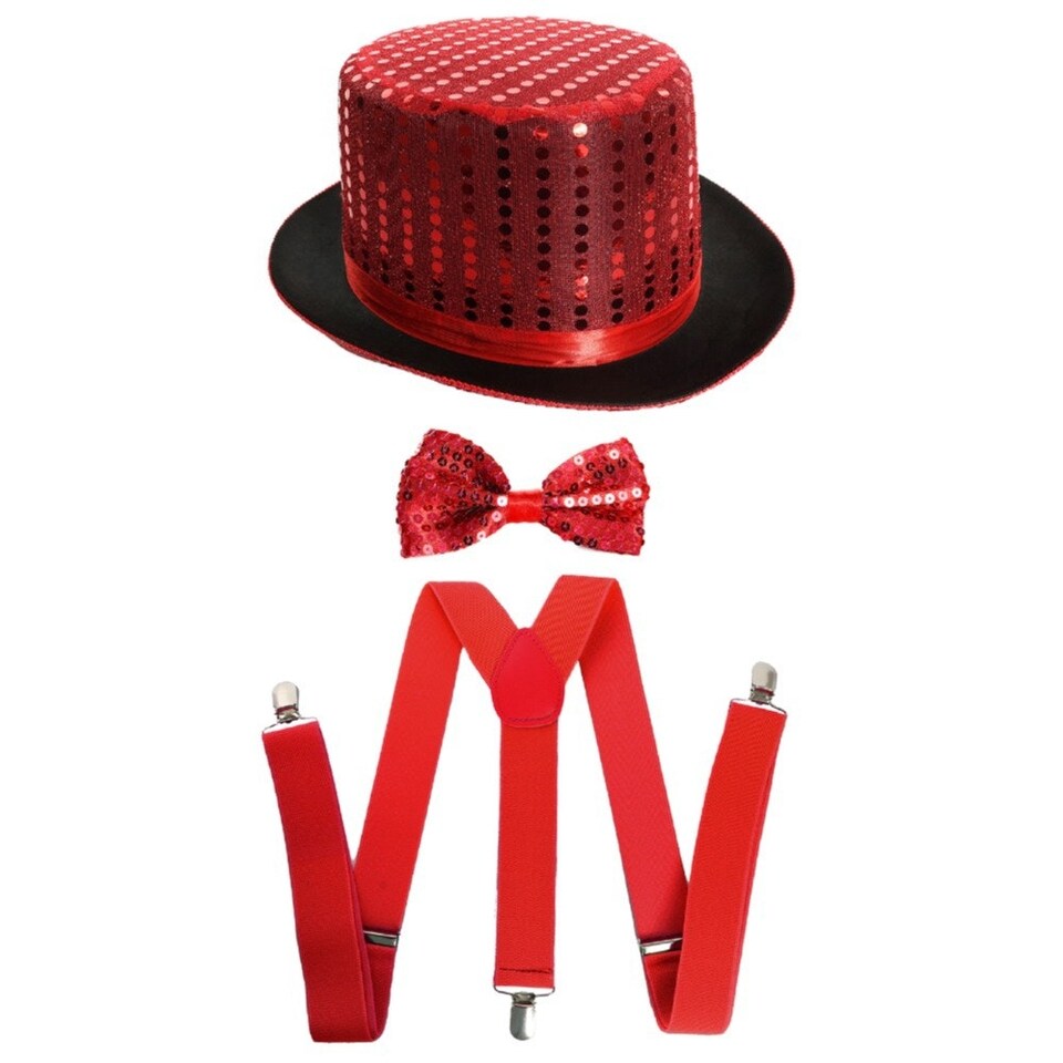 image 1 of Red Accessory Set - Sequin Top Hat, Bow Tie & Braces Red | One Size