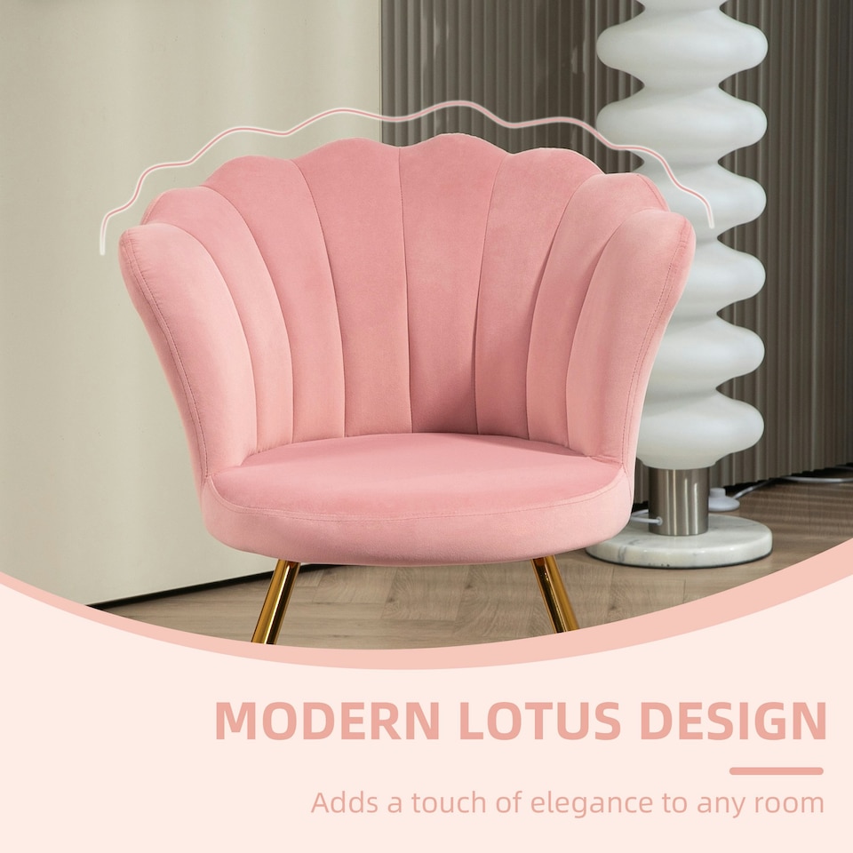 image 1 of HOMCOM Accent Chair, Velvet Armchair with Lotus Backrest, Steel Legs, Pink