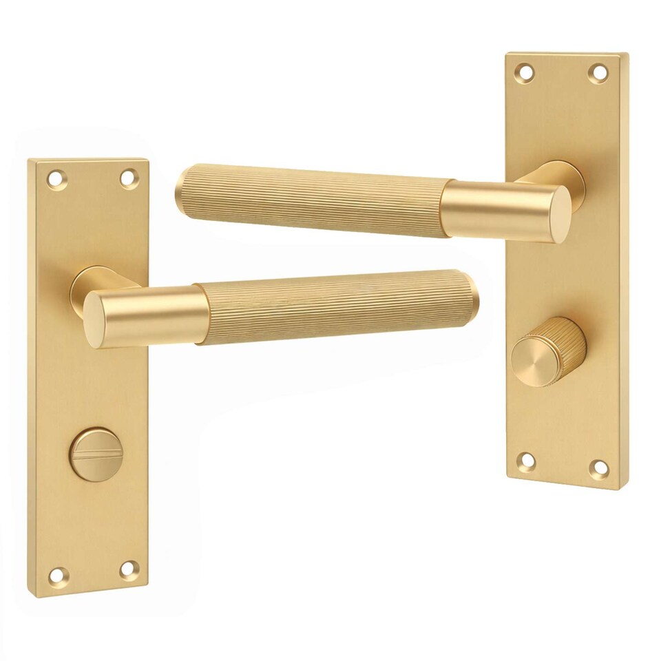 image 1 of Golden Grace 1 Pair Victorian T-Bar Linear Design Bathroom Door Handle Satin Brass Metal Tubular Latch Mortise Lock Set with Fixing Screws - 150mm x 40mm
