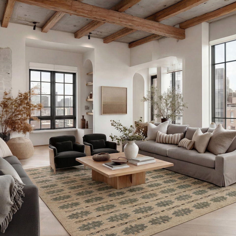 image 1 of KUKOON Beige Green Washable Jute Style Distressed Aztec Living Room Area Rug 160cm x 230cm