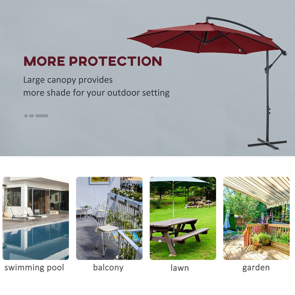 image 1 of Outsunny 3(m) Garden Banana Parasol Cantilever Umbrella w/Crank& Base, Wine Red