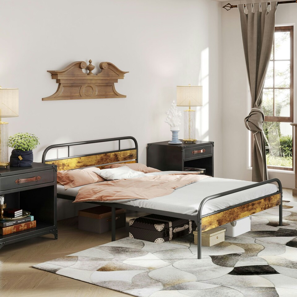 image 1 of HOMCOM King Bed Frame with Headboard, No Box Spring Needed, Brown