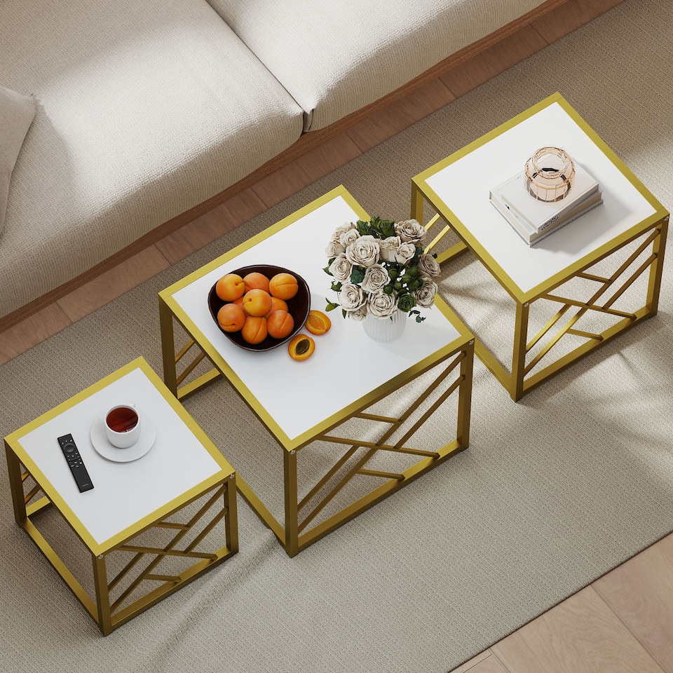 image 1 of HOMCOM Nesting Coffee Tables, Set of 3 Square Side Tables with Black Metal Frame, for Living Room, Bedroom and Office, White