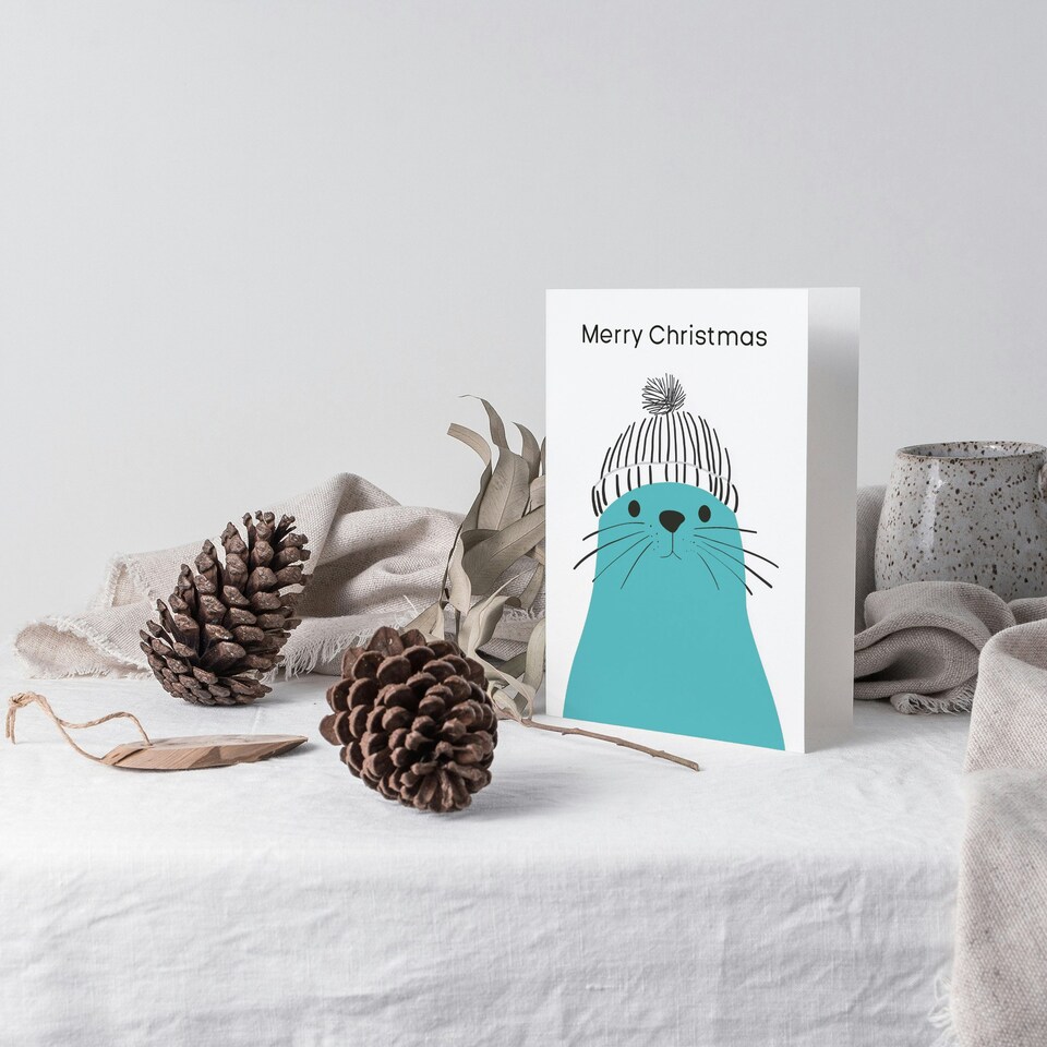 image 1 of Cute Blue Seal With Winter Hat Bright Modern Blank For Him Or Her Art Christmas Card