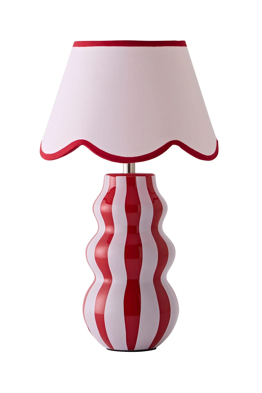 ValueLights Everie Coloured Stripe Table Lamp with Scalloped Lamp Shade & Bulb in Bright Pink