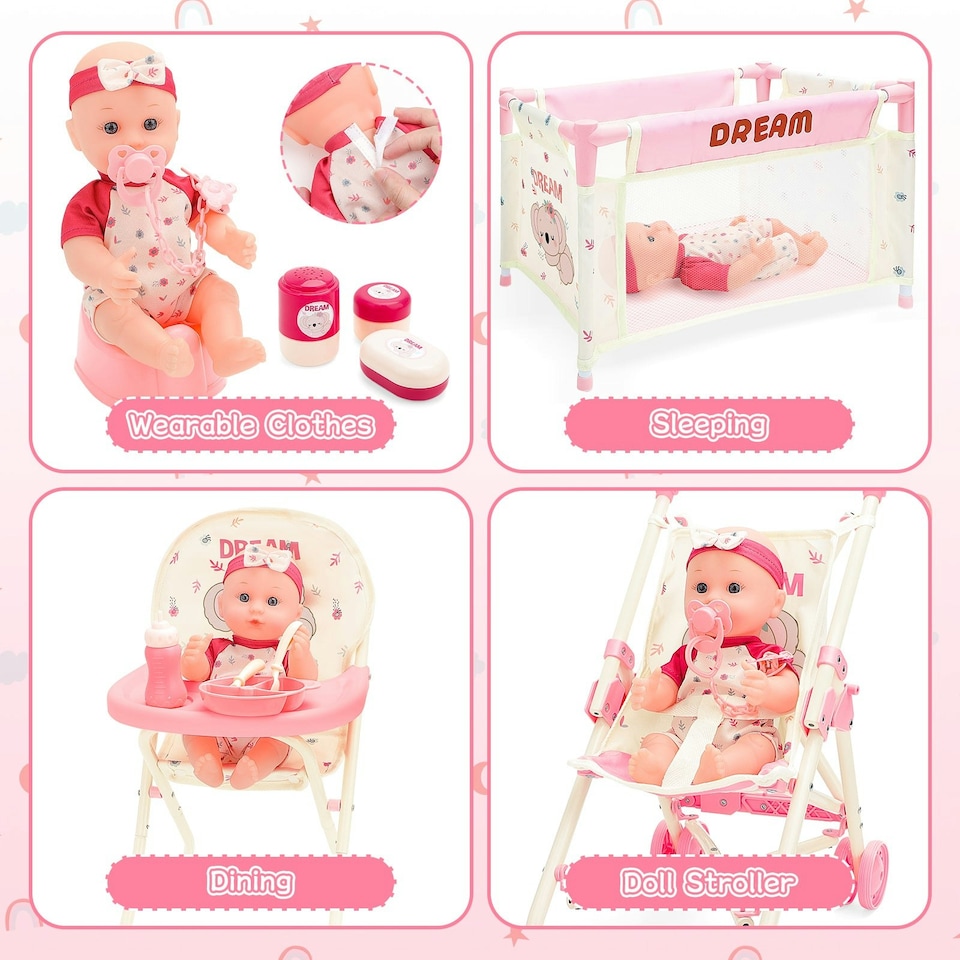 image 1 of Complete Baby Doll Accessories Nursery Set Pretend Role Play Cot Set for Kids Doll Crib High Chair Prentend PlayBrand
