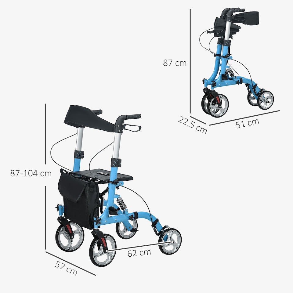 image 1 of HOMCOM 4 Wheel Rollator with Seat and Back, Lightweight Folding Mobility Walker with Large Wheels, Carry Bag, Adjustable Height, Aluminium Walking Frame with Dual Brakes for Seniors, Blue