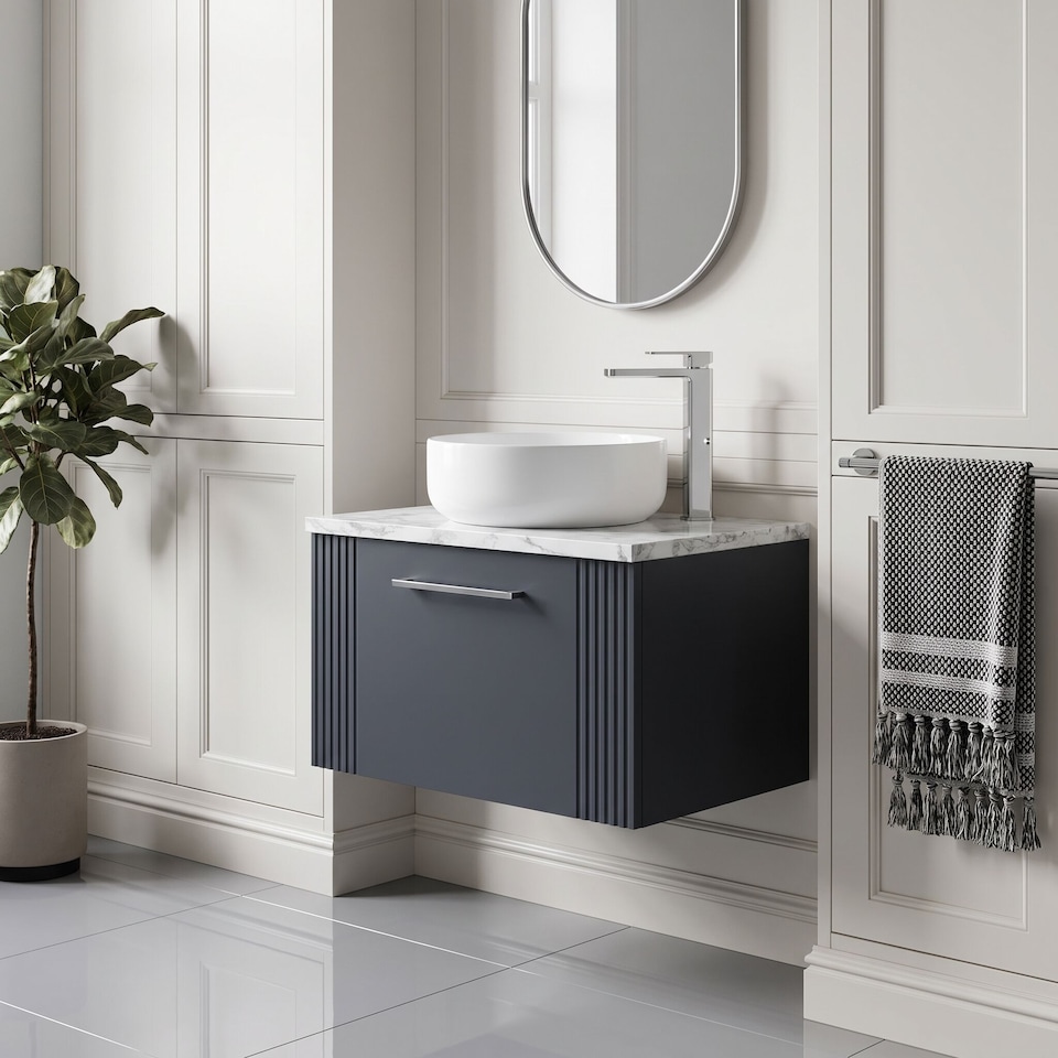 image 1 of Balterley Partial Fluted 1 Drawer Wall Hung Vanity Unit with Carrera Marble Laminate Worktop | Grey | Satin Soft Black | 2