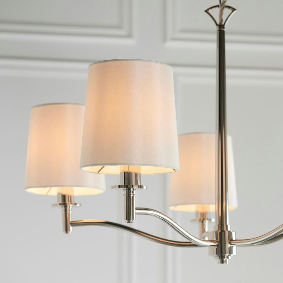 image 1 of Ortona Vintage Pendant 5 Light Bright Nickel White Fabric Shades