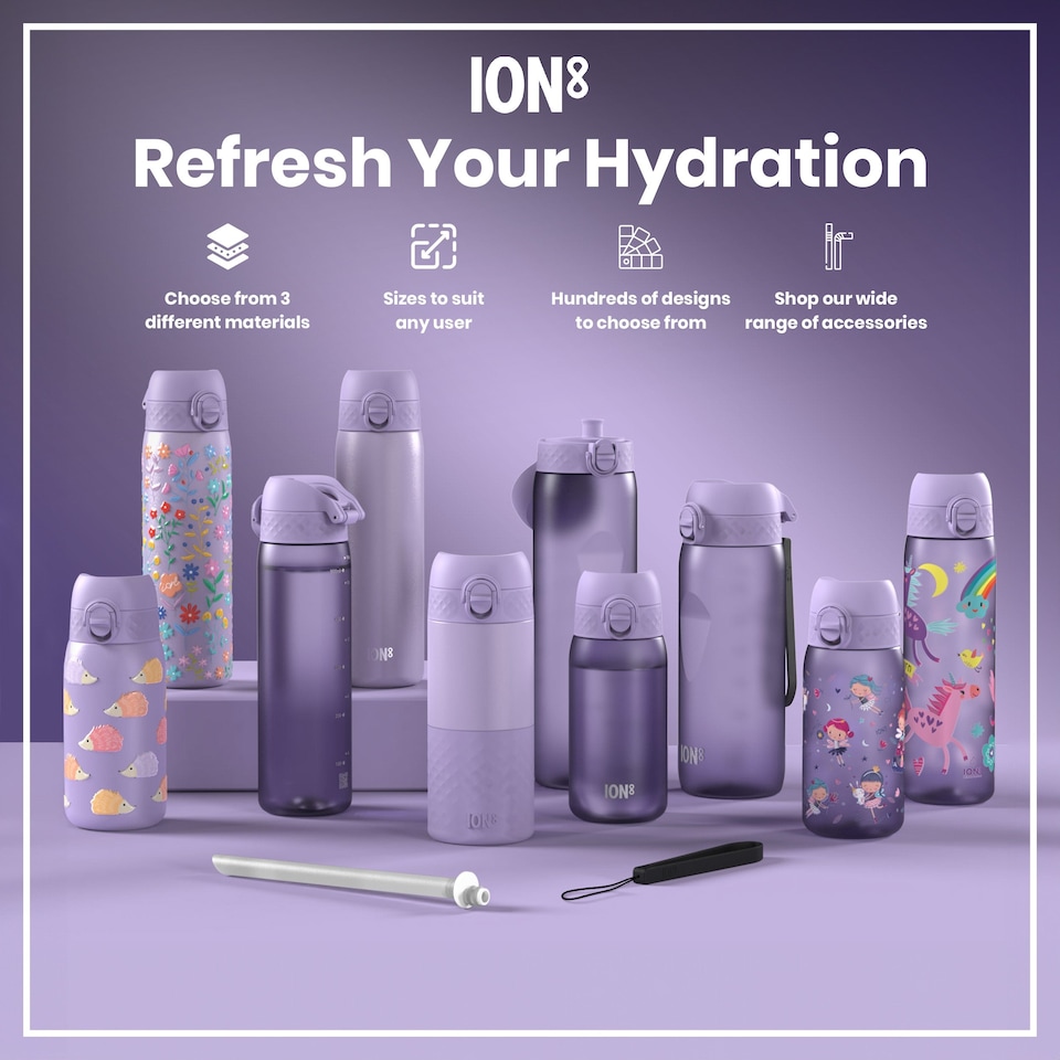 image 1 of Leak Proof Slim Water Bottle, Vacuum Insulated, 500ml (17oz) | Purple | Butterflys | One Size