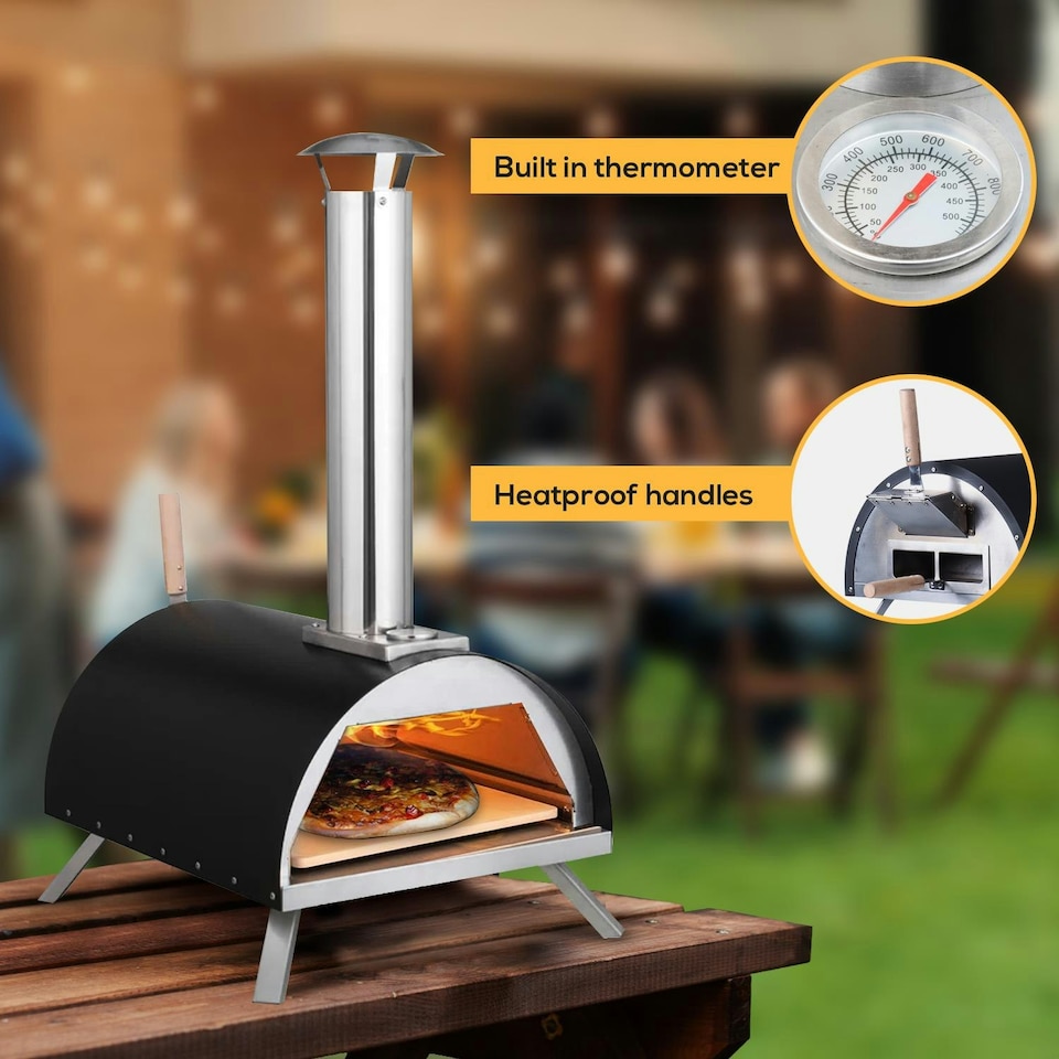 image 1 of Haven Gas & Wood Fuel Pizza Oven Built-in Thermometer & Pizza Paddle - Black/Silver