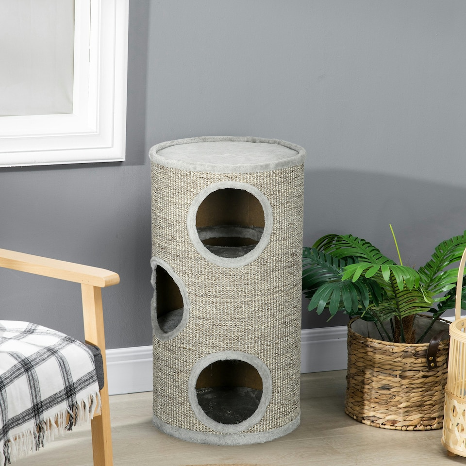 image 1 of PawHut Cat Barrel Tree Tower with Sisal, Cosy Platform, Light Grey